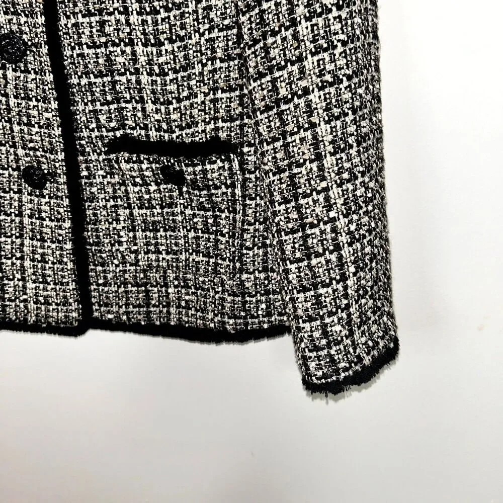 Anne Klein Blazer Women's 8 Black White Tweed Fringe Trim Career Office Wear